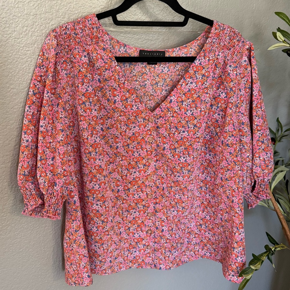 Sanctuary Floral Button Down Blouse with V Neckline